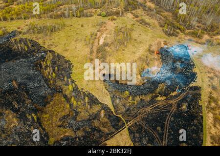 Aerial View. Spring Dry Grass Burns During Drought Hot Weather. Bush Fire And Smoke In Forest. Wild Open Fire Destroys Grass. Nature In Danger. Ecolog Stock Photo