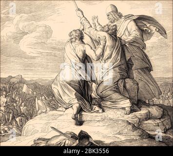 Battle with the Amalekites, Battle of Refidim, Old Testament, by Julius Schnorr von Carolsfeld, 1860 Stock Photo
