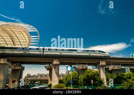 The Shanghai Maglev train departing its Longyang Road terminus station. Stock Photo