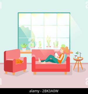 Redhead woman chilling and reading a book on couch at home with her cat lying close by and sunlight coming through the window illustration Stock Photo