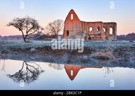 Newark Priory reflected in the River Wey Pyrford. Early sunlight catches the stonework along the frosty riverbank Stock Photo