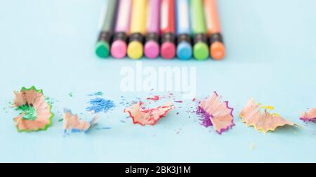Colouring pencil erasers with shavings Stock Photo