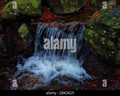 Beautiful artificial waterfall on a small lake in japanese garden. Stock Photo