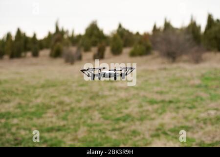 Drone camera in forest. Stock Photo