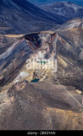 Aerial view of Red Crater, North Island, New Zealand, Oceania. Emerald Lakes in the foreground, Tongariro National Park. Stock Photo