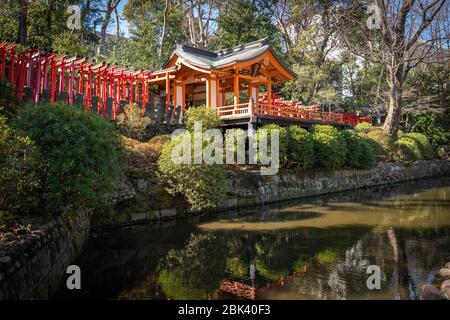Garden House and Torii Gates at Nezu Shrine, Tokyo, Japan Stock Photo