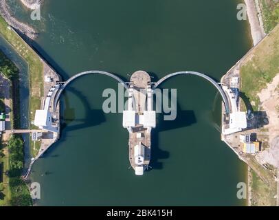 Top down aerial view on water sluice complex in the Lek river in the Netherlands Stock Photo