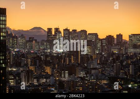 Tokyo Sunset towards Mount Fuji from Bunkyo. Japan Stock Photo