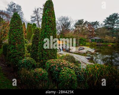 Peace and tranquillity in the Japanese garden. In the middle of the garden is a lake surrounded by picturesque vegetation among which runs a fast stream. Stock Photo