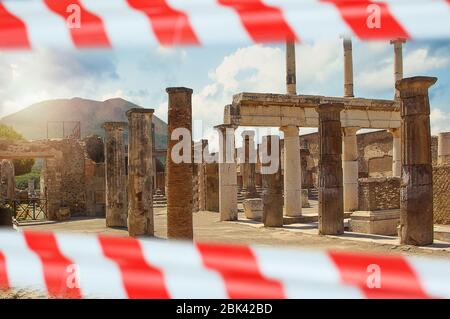 Ruins of Pompeii Italy with warning tape. Closed historical european sightseeing Stock Photo