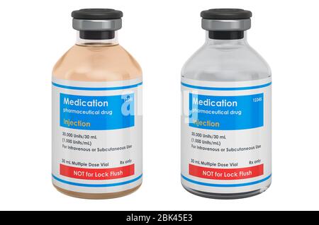 Glass medicament bottles with drug for injection. 3D rendering isolated on white background Stock Photo