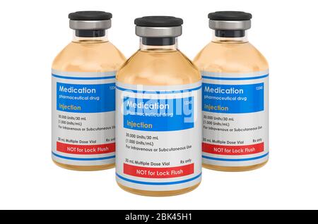 Set of glass medicament bottles with drug for injection. 3D rendering isolated on white background Stock Photo