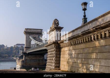 Beautiful old Szechenyi Chain Bridge on the Danube river, famous landmark of Budapest, capital of Hungary Stock Photo