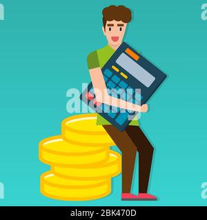 man sitting on coin money and holding on calculator for business concept vector illustration Stock Vector