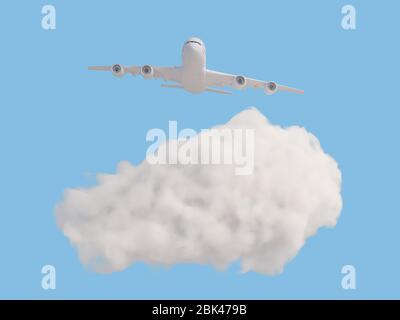 Airplane with cloud on pastel blue background. Travel concept. 3d rendering Stock Photo