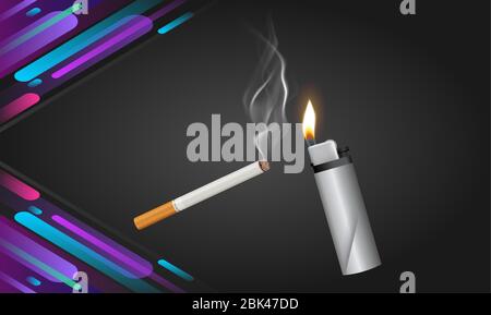 mock up illustration of burning cigarette and lighter on abstract background Stock Vector