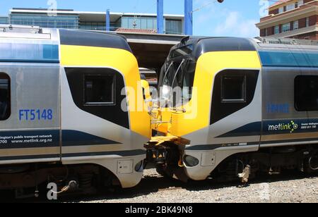 Cabs of two Matangi electric multiple unit trains in Wellington railway station on 30th November 2017 Metlink livery for trains on suburban lines. Stock Photo