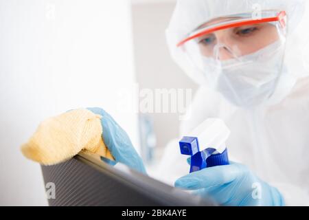 Computer Hygiene Germs Cleaning service disinfects office Technics from coronavirus and germs ...