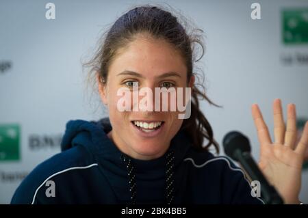 Johanna Konta of Great Britain talks to the media after losing her ...