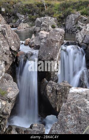 The Fairy Pools are part of a tributary of the River Brittle running down from the Cuillin Mountains near the village of Carbost in Glenbrittle on the Stock Photo