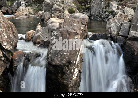 The Fairy Pools are part of a tributary of the River Brittle running down from the Cuillin Mountains near the village of Carbost in Glenbrittle on the Stock Photo