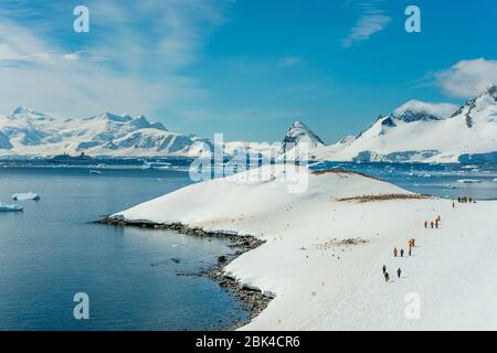 Tourists on Cuverville Island in the Antarctic Peninsula region visiting Gentoo penguin colony (Pygoscelis papua) Stock Photo