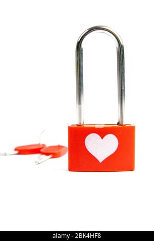 Red lock with drawing heart and key isolated on white background Stock Photo