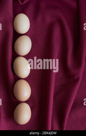 Natural eggs on red tablecloth, several brown chicken eggs lie on burgundy tablecloth, selective focus Stock Photo