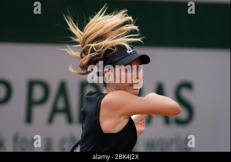 Oceane Dodin of France in action during the first qualifications round at the 2019 Roland Garros Grand Slam tennis tournament Stock Photo