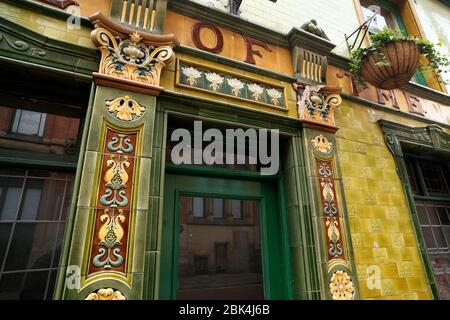 One of the ornate entrances to the Peveril of the Peak pub in central Manchester. Stock Photo