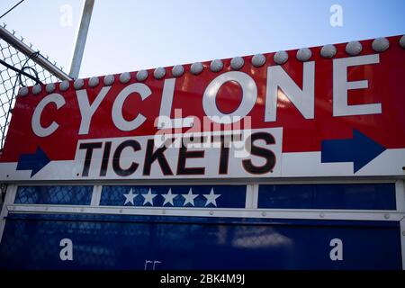 Coney Island, NY - November 26, 2019: Cyclone ticket sign view in Coney Island, NY Stock Photo