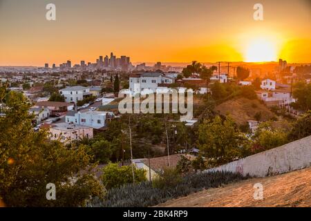 View of Downtown LA from suburbs at sunset, Los Angeles, California, United States of America, North America Stock Photo