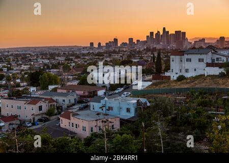 View of Downtown LA from suburbs at sunset, Los Angeles, California, United States of America, North America Stock Photo