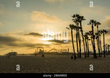 View of Santa Monica Pier at sunset, Santa Monica, Los Angeles, California, United States of America, North America Stock Photo