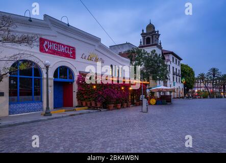 La Plaza Methodist Church in Old Plaza at dusk, Los Angeles, California, United States of America, North America Stock Photo