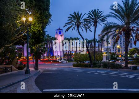 View of Union Station at dusk, Downtown, Los Angeles, California, United States of America, North America