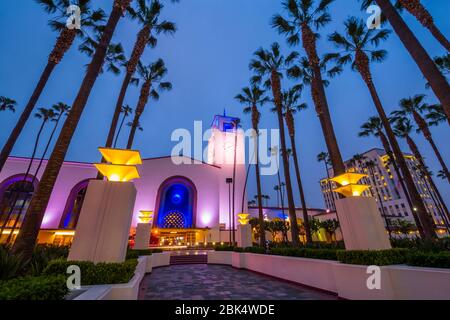 View of Union Station at dusk, Downtown, Los Angeles, California, United States of America, North America