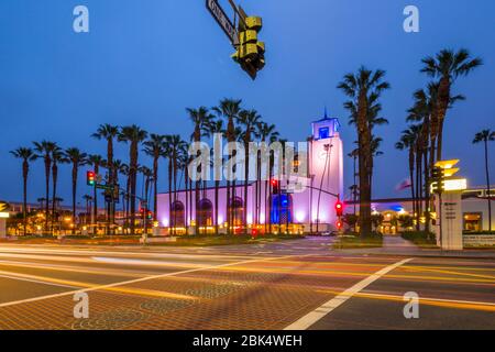 View of Union Station at dusk, Downtown, Los Angeles, California, United States of America, North America Stock Photo