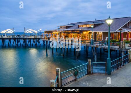 View of Redondo seafront pier at dusk, Los Angeles, California, United States of America, North America Stock Photo