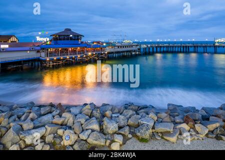 View of Redondo seafront pier at dusk, Los Angeles, California, United States of America, North America Stock Photo
