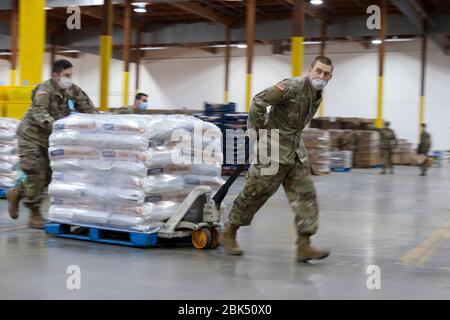 Members of the Washington Army National Guard move a pallet of rice at the Food Lifeline Covid-19 Response Food Bank in Seattle on May 1, 2020. Food Lifeline, along with SSA Marine, Columbia Hospitality and Prologis, with assistance from the Washington Army and Air Force National Guard, created a supplemental 160,000 square-foot food bank in response to increasing food relief demand in the region amid the COVID-19 pandemic. Stock Photo