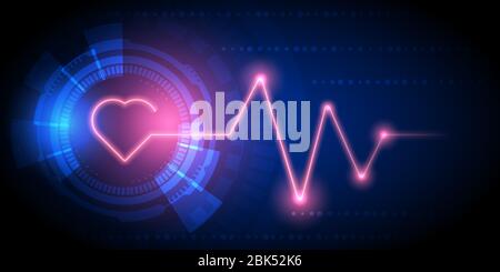 Abstract technology background with red glowing heart and pulse wave, hi-tech style circle. Stock Vector