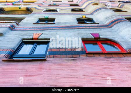 Darmstadt, Germany April 08, 2018: facade detail of the Waldspirale building in Darmstadt. It was designed by Friedensreich Hundertwasser, completed 2 Stock Photo