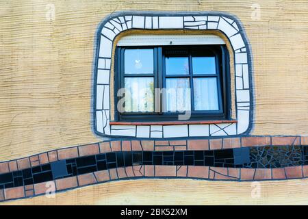 Darmstadt, Germany April 08, 2018: facade detail of the Waldspirale building in Darmstadt. It was designed by Friedensreich Hundertwasser, completed 2 Stock Photo