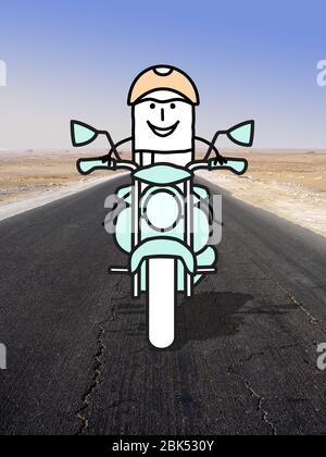 hand drawn cartoon motorbike rider facing us, alone on a desert road photo Stock Photo