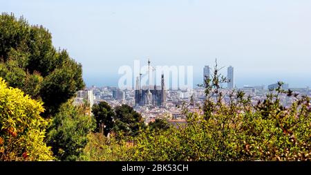 A panoramic view of Barcelona city, Catalonia, Spain. La Sagrada Familia seen in the distance. Stock Photo