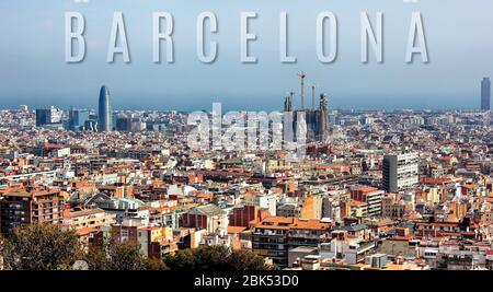 A panoramic view of Barcelona city, Catalonia, Spain. La Sagrada Familia seen in the distance. Stock Photo