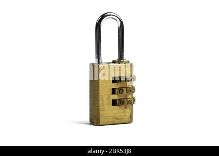 Macro of a locked padlockwith a code lock isolated on white background Stock Photo