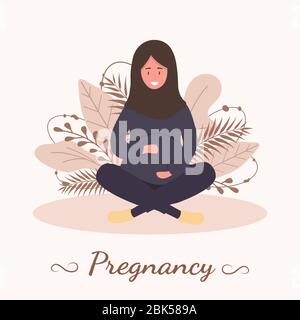 Muslim pregnant woman in abaya and hijab. Modern flat style vector illustration isolated on soft background. Stock Vector