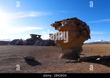 Arbol de Piedra (rock or stone tree) in the Siloli Desert. Snow-capped volcanoes and desert landscapes in the highlands of Bolivia. Andean landscapes Stock Photo